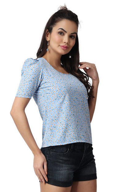 POPWINGS Casual Printed Puff Sleeves Round Neck Top for Women || Stylish Latest Summer Tops for Women || Hip-Length Women Top Li