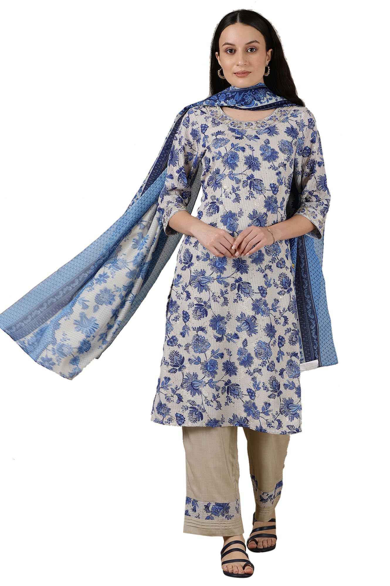 Aurelia WomenS Floral Printed Straight Kurta Set With Palazzos And Dupatta For Women
