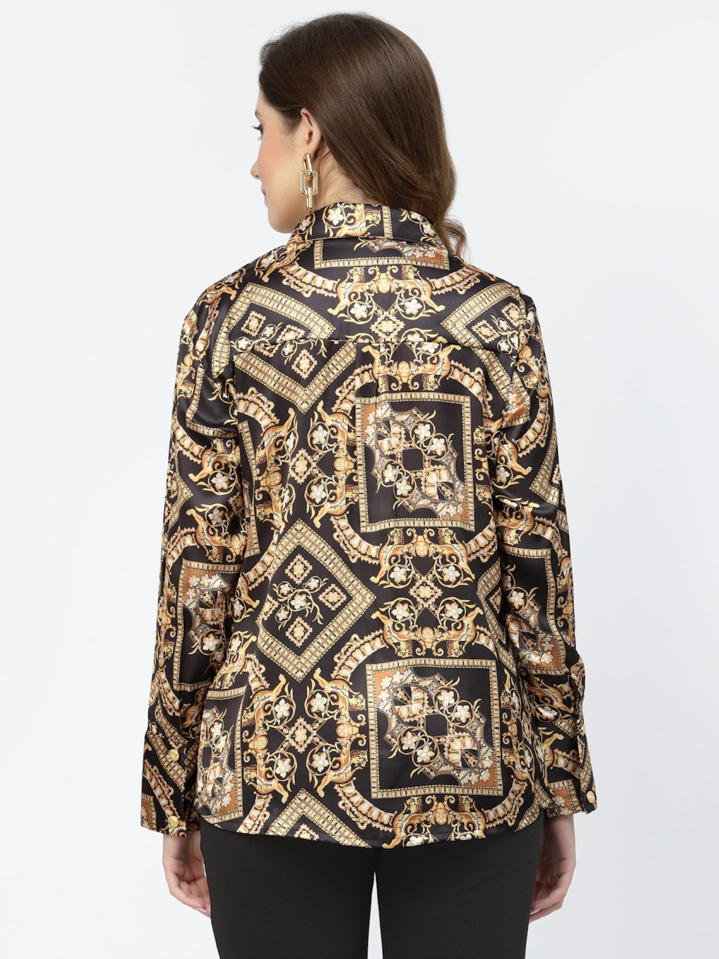 POPWINGS Printed Full-Sleeves Regular-Fit Satin Printed Shirt for Women Stylish Western Casual Wear Black Golden