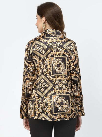 POPWINGS Printed Full-Sleeves Regular-Fit Satin Printed Shirt for Women Stylish Western Casual Wear Black Golden