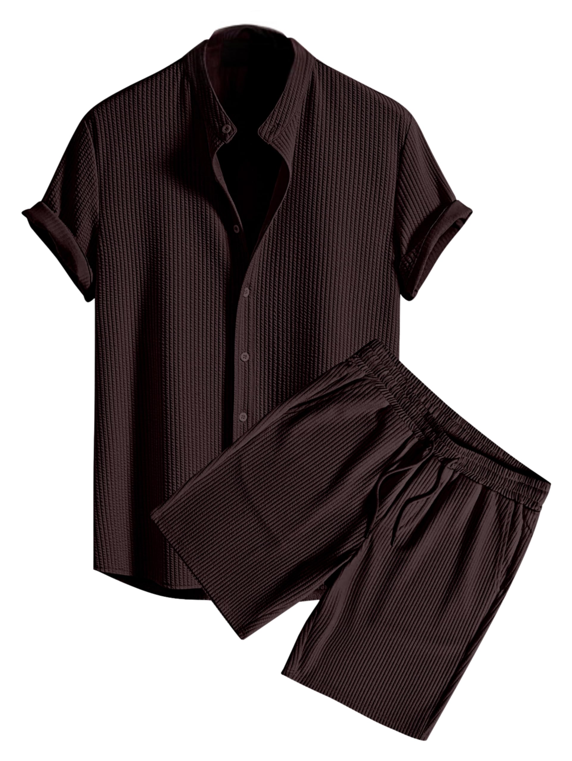 Greciilooks MenS Summer Casual Two Piece Outfit, Textured Button Down Shirt And Shorts Set Brown