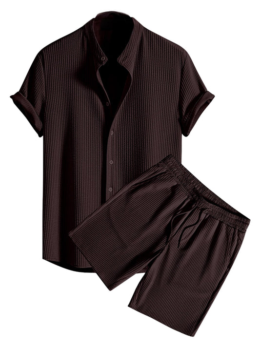 Greciilooks MenS Summer Casual Two Piece Outfit, Textured Button Down Shirt And Shorts Set Brown