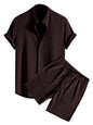 Greciilooks MenS Summer Casual Two Piece Outfit, Textured Button Down Shirt And Shorts Set Brown
