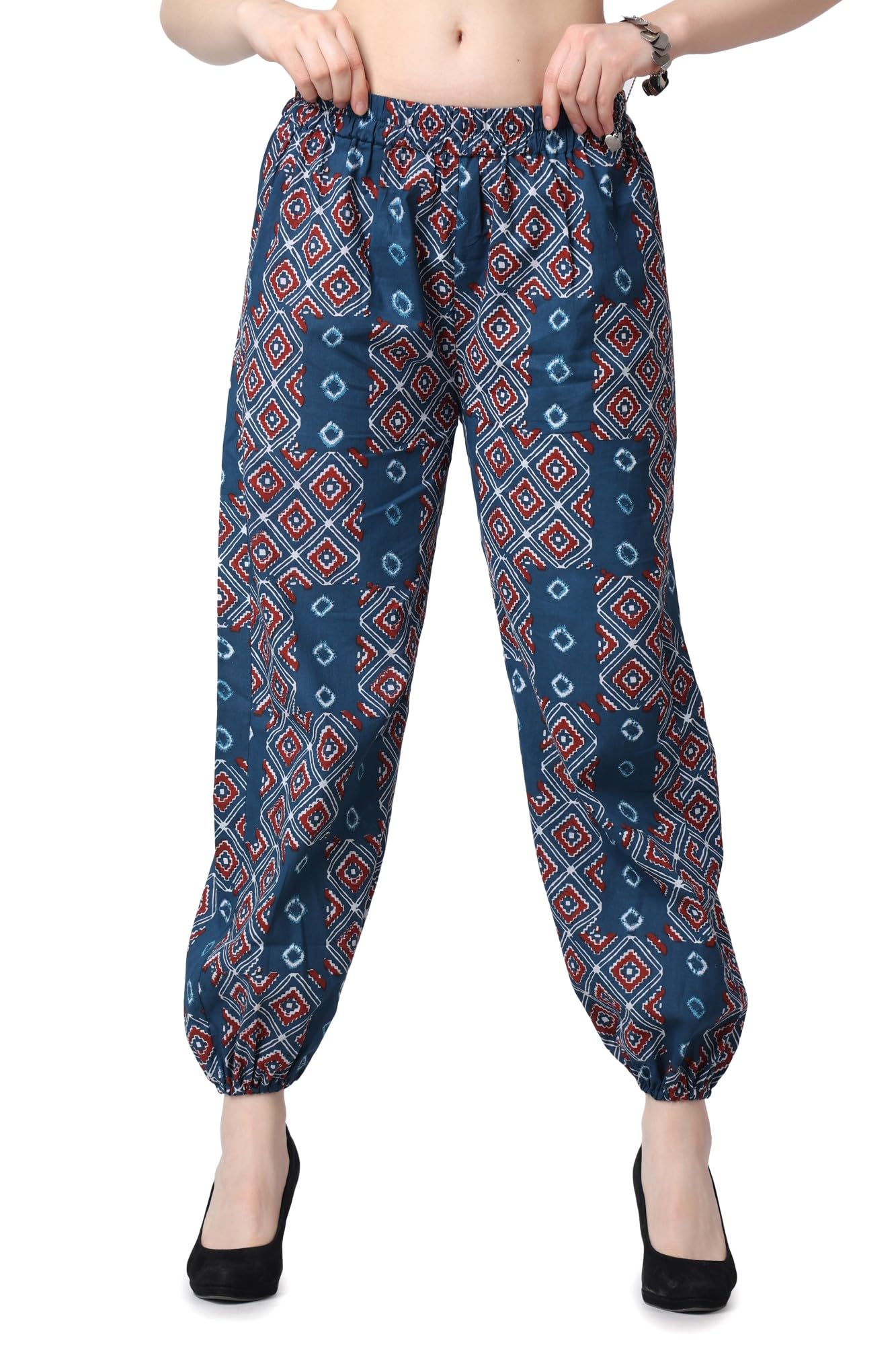 POPWINGS Casual Bagru Printed Joggers for Women || Pull On Joggers for Women || Comfortable Casual Women Joggers for Summer || L