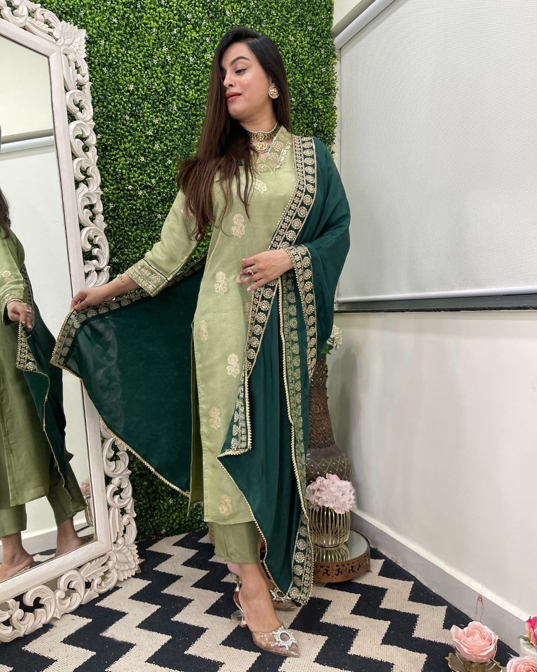 GoSriKi Elegant Silk Viscose Kurta Set for Women, Printed Straight Kurta with Pant and Dupatta, Large, Court Color, Model UDH-CLRS-GS