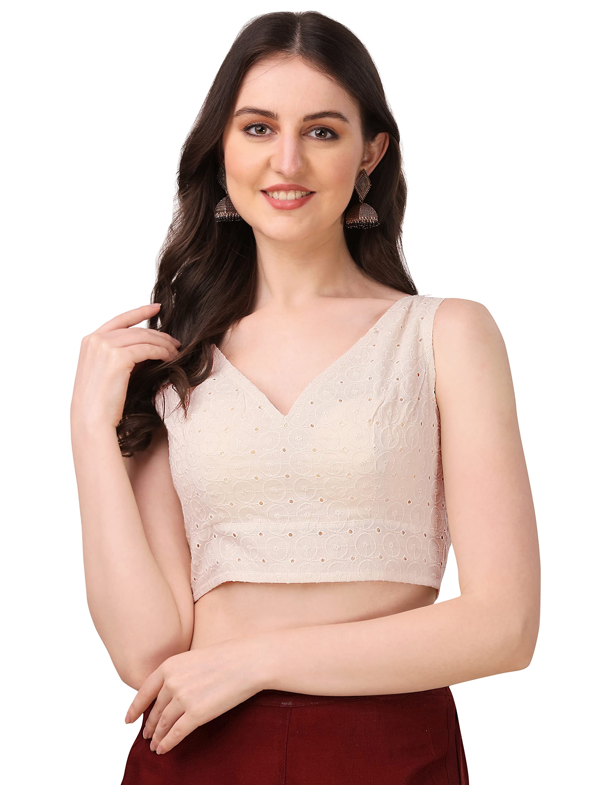 Oomph! WomenS Indian Ethnic Wear Designer Abstract Pattern V Neck Sleeveless Cotton White Blouse For Saree Or Lehnga And Blouse
