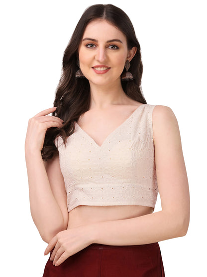 Oomph! WomenS Indian Ethnic Wear Designer Abstract Pattern V Neck Sleeveless Cotton White Blouse For Saree Or Lehnga And Blouse