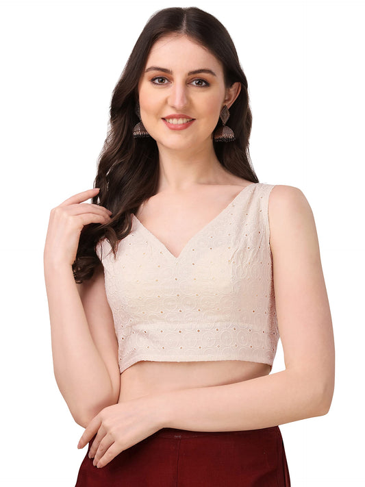 Oomph! WomenS Indian Ethnic Wear Designer Abstract Pattern V Neck Sleeveless Cotton White Blouse For Saree Or Lehnga And Blouse