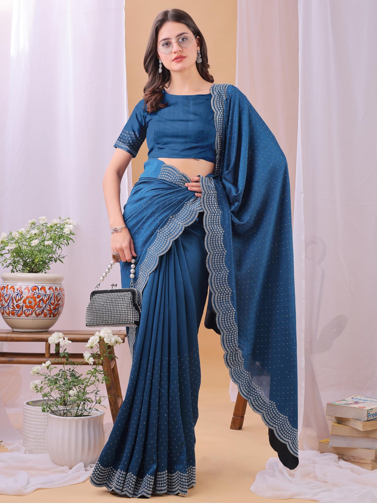 Dhyey Fashion WomenS Chiffon Saree With Unstitched Blouse Piece With Stone Work And Sparkle | Sari For Women Chiffon Saree | Sp