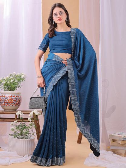 Dhyey Fashion WomenS Chiffon Saree With Unstitched Blouse Piece With Stone Work And Sparkle | Sari For Women Chiffon Saree | Sp