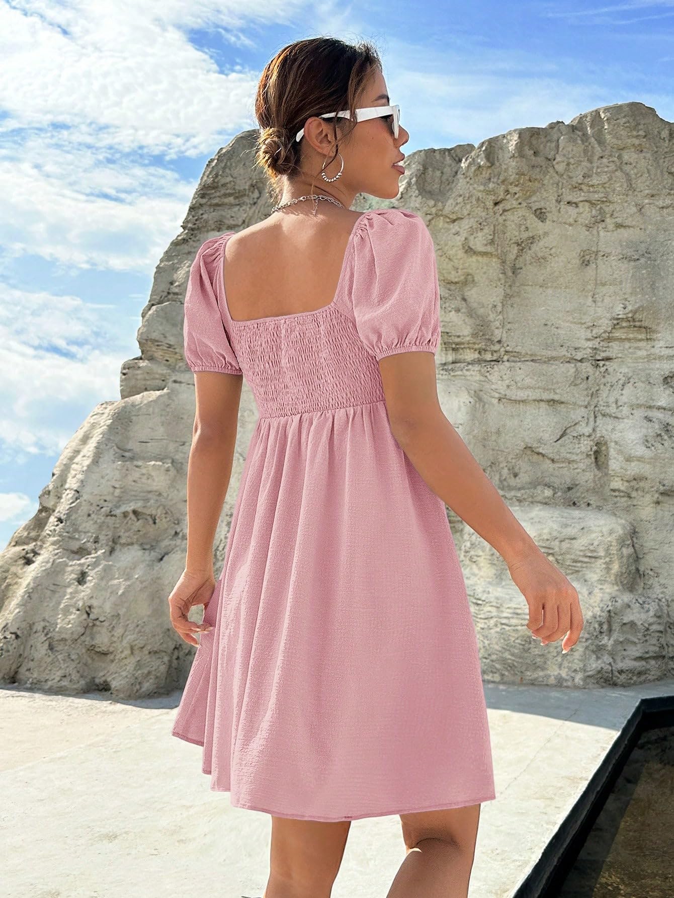 Shasmi WomenS & GirlS Dress For Women L One Piece Dress For Women L Beach Dress For Women, Solid Textured Puff Sleeve Square N