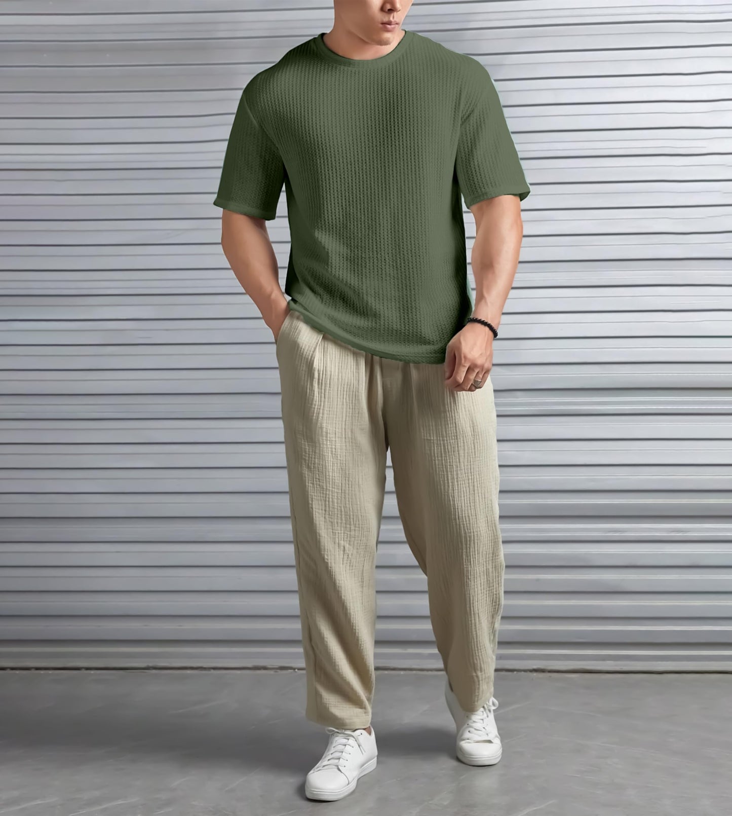 SHODOX Mens Solid Dotted Unique Design Oversized Tshirt for Men - Round Neck Loose Fit Drop Shoulder Mens T-Shirt Olive