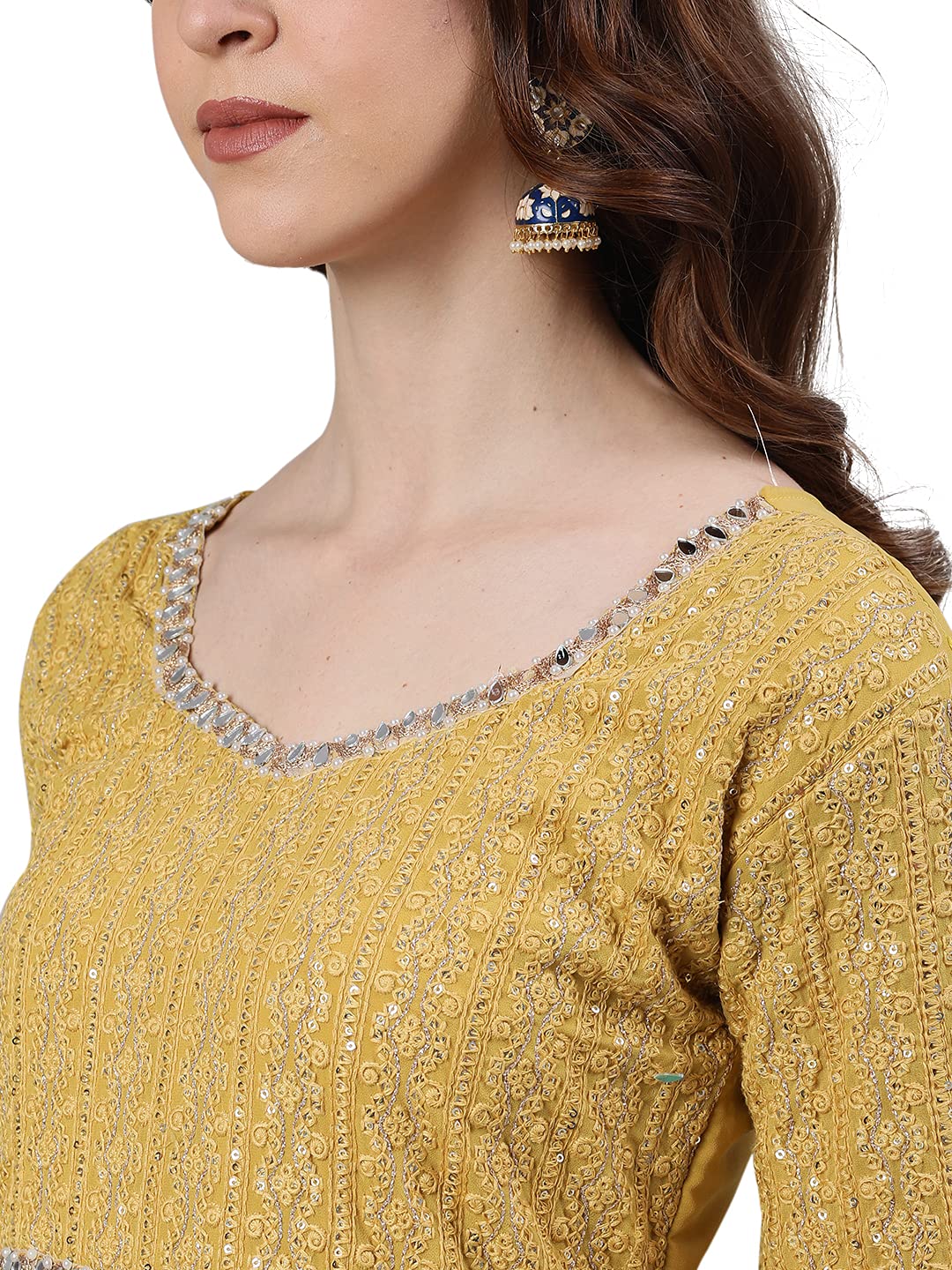 ishin Women's Georgette Anarkali Embroidered Chikankari Floral Print Mustard Kurti with Dupatta