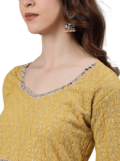 ishin Women's Georgette Anarkali Embroidered Chikankari Floral Print Mustard Kurti with Dupatta
