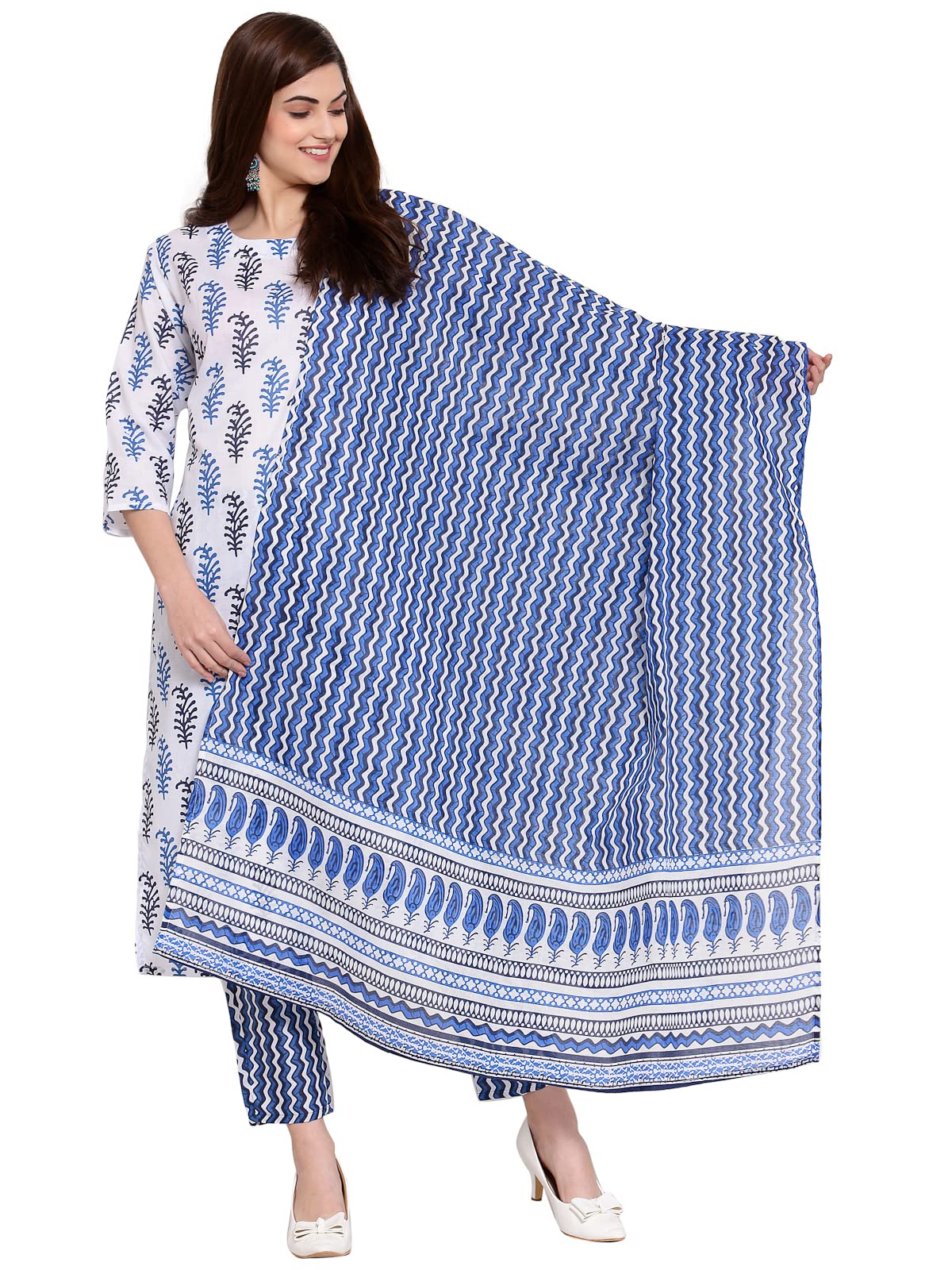 ANNI DESIGNER Women's Cotton Straight Kurta with Pant & Dupatta (KPTD-COT-10018-WHITE)