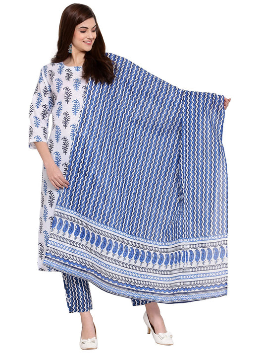 ANNI DESIGNER Women's Cotton Straight Kurta with Pant & Dupatta (KPTD-COT-10018-WHITE)