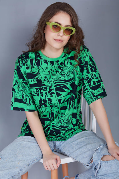 Thalasi Comic All Over Printed Green Anime Oversized T Shirts For Women - Drop Shoulder Loose Fit Cotton T-Shirt - Trending Naru