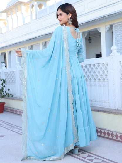 Fashion Basket WomenS Georgette Solid Anarkali Dress Sky Blue