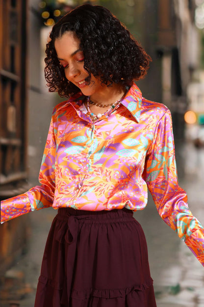 POPWINGS Printed Full-Sleeves Regular-Fit Satin Printed Shirt for Women Stylish Western Casual Wear