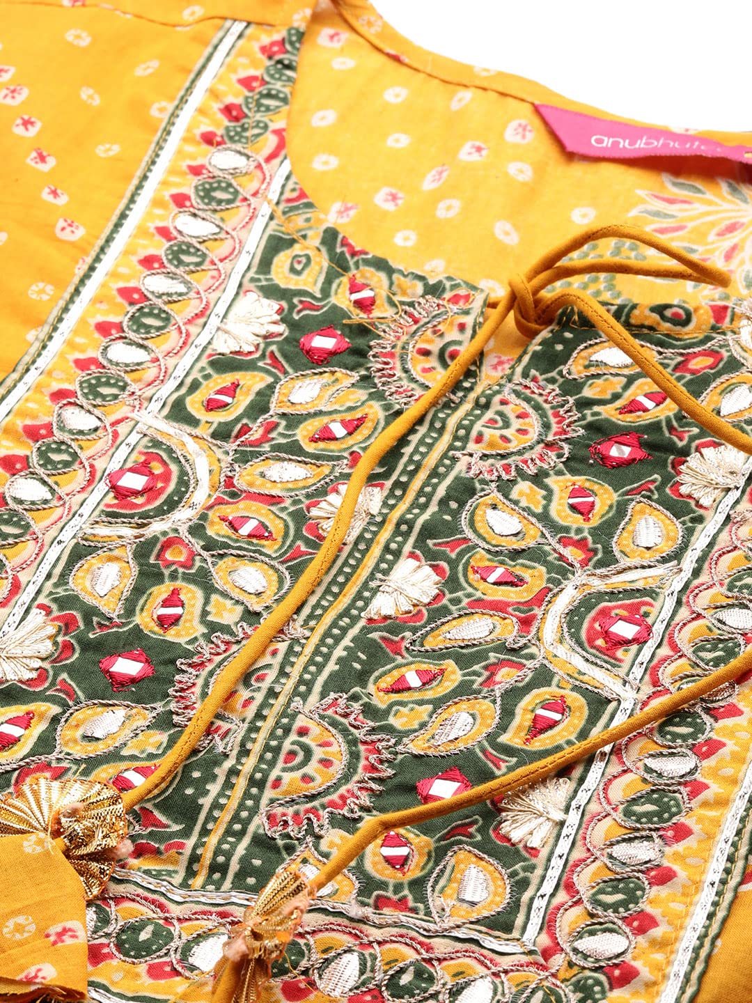 anubhutee Women's Cotton Mustard Ethnic Motifs Printed Flared Kurta Suit Set With Pants And Dupatta