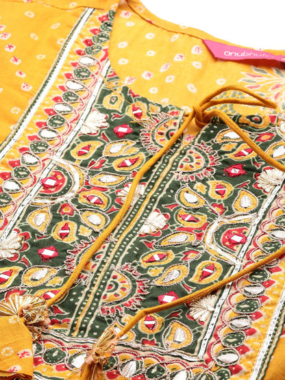 anubhutee Women's Cotton Mustard Ethnic Motifs Printed Flared Kurta Suit Set With Pants And Dupatta