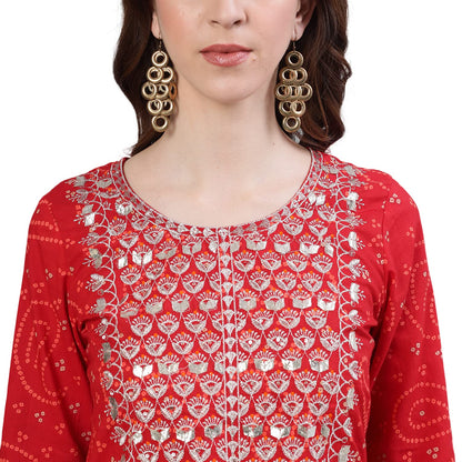 ishin Women's Pure Cotton Embroidered Zari Red Bandhani Print A-Line Kurta suit set With Dupatta & Sharara
