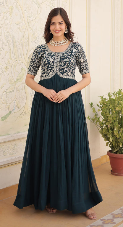 Fashion Basket Georgette Embroidered Anarkali Gown For Women Turquoise