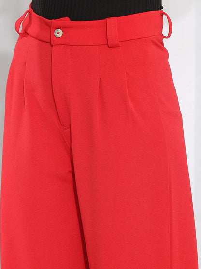 Kotty Womens High Rise Viscose Rayon Straight Fit Solid Trousers Candy Red