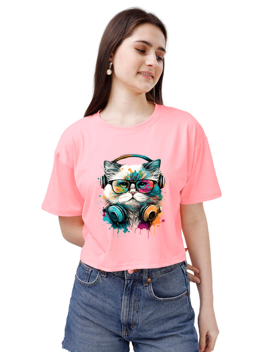 ELLITI Soft Rich Cotton Casual Cat Face Printed Peach Half Sleeve | Round Neck | Oversized/Loose Fit | Down Solder | Rainbow Col