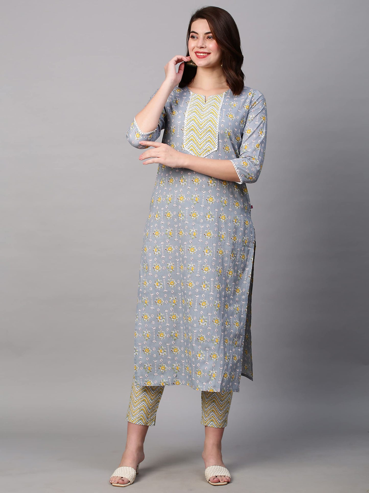 GoSriKi Women's Cotton Blend Traditional Straight Printed Kurta with Pant Set (Mikaa Grey-FBF001-GS)