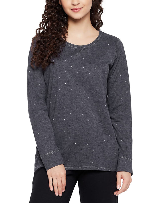 Clovia Womens Polka Dot Print Top (LT0160D05_Grey_L)