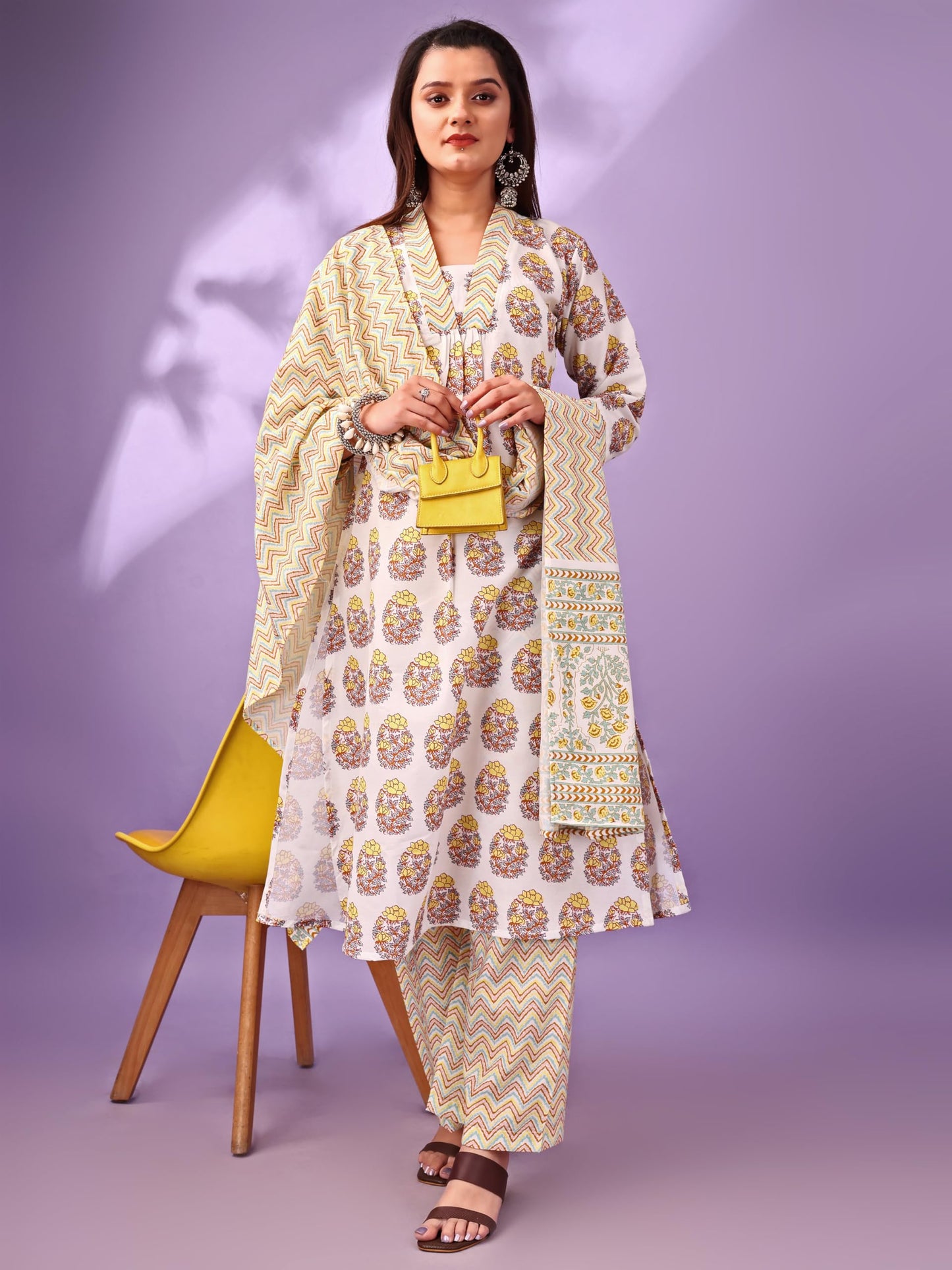 Gufrina Women's Printed Cotton Kurta Pant Dupatta Set | V-Neck, 3/4 Sleeve Ethnic Wear, Casual & Festive Occasions
