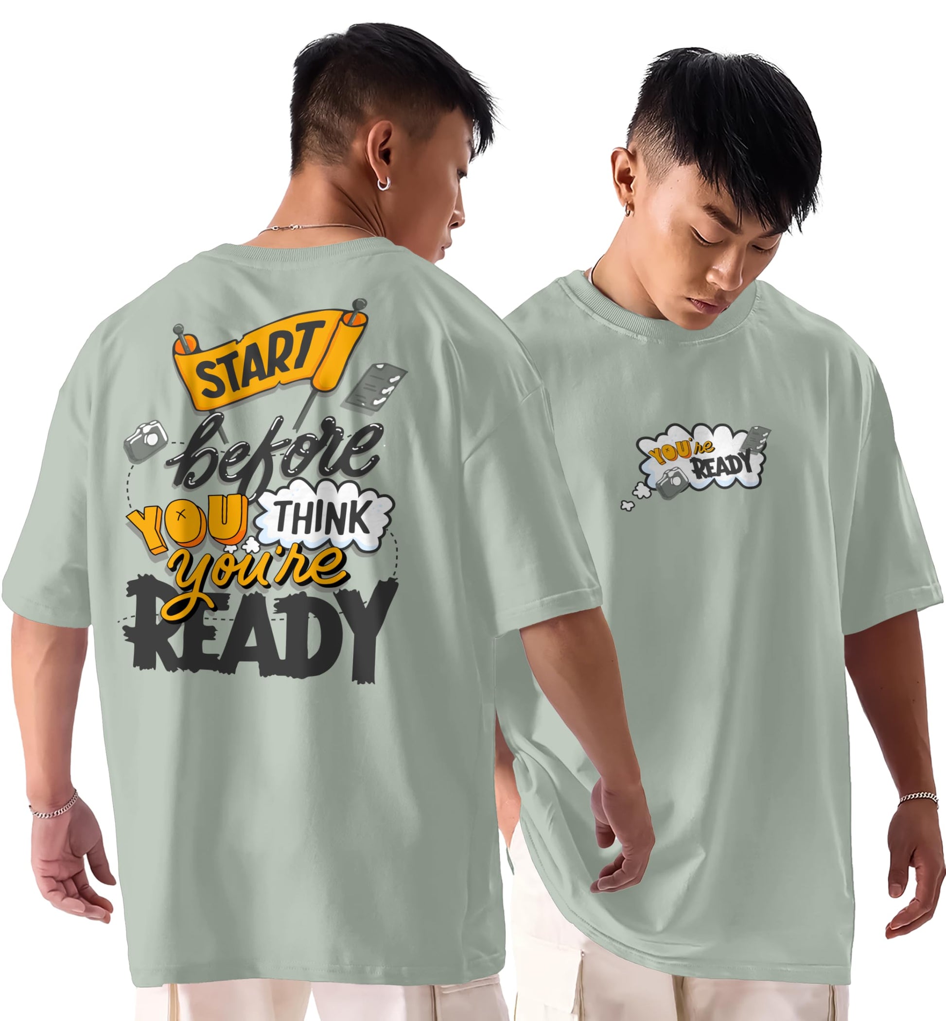 SHODOX Mens 100% Pure Cotton Relaxed Fit Drop Shoulder Premium Front & Back Printed Oversized T-Shirt (Pack of 1) Grey