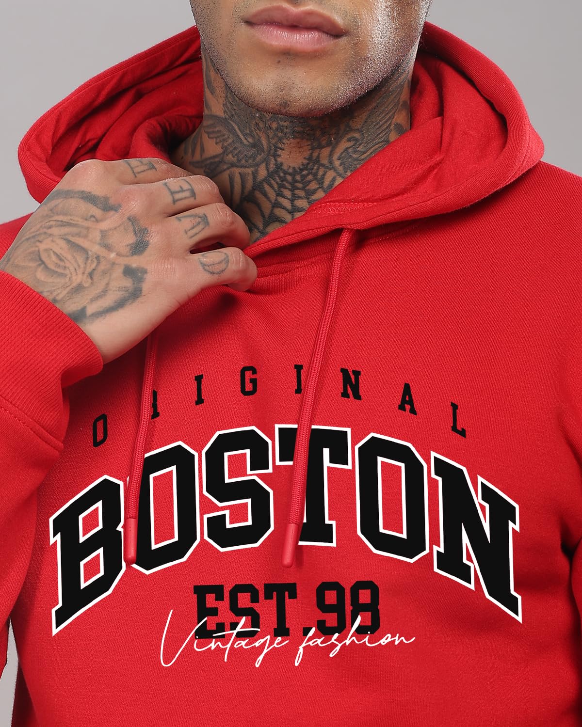 ADRO Men's Cotton Neck Hooded Sweatshirt (H24-BOST-RD_Red