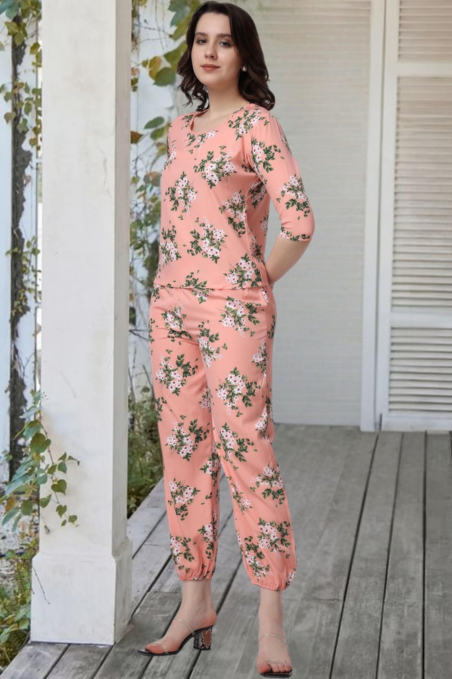POPWINGS Casual Printed Top and Joggers Set for Women || Stylish Summer Co-Ords Set for Women || Round-Neck Top and Joggers Comb