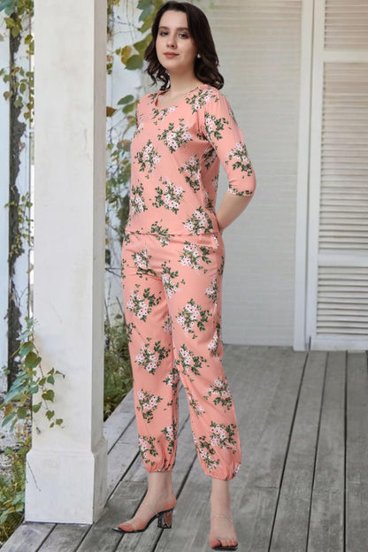 POPWINGS Casual Printed Top and Joggers Set for Women || Stylish Summer Co-Ords Set for Women || Round-Neck Top and Joggers Comb
