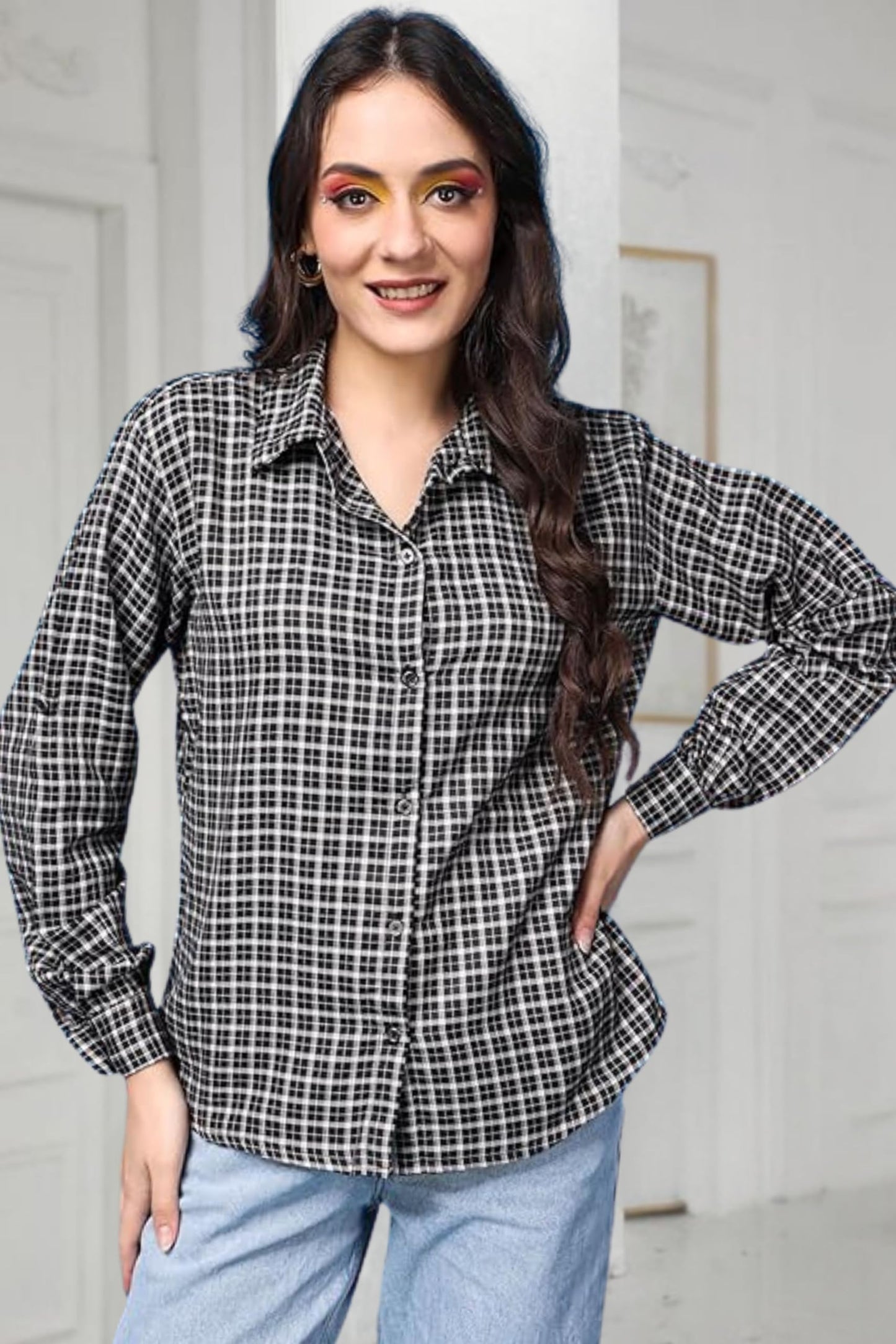 POPWINGS Casual Checks Print Cotton Full-Sleeves Shirt for Women | Stylish Summer Shirt