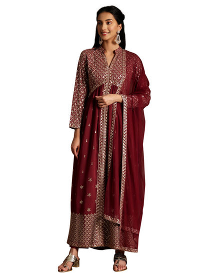 Libas Womens Embroidered Georgette A-Line Kurta With Trousers And Dupatta