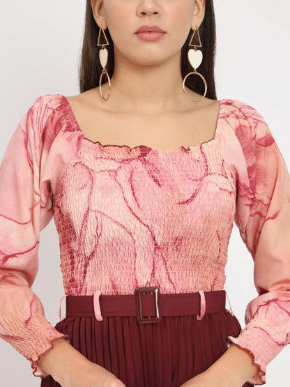 Kzully WomenS Knee-Length A-Line Dress With Pleats, Has An Square Neck, Printed Top Comes With A Belt Maroon