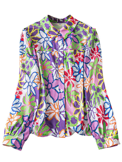 Shasmi Girls & Womens Solid Purple Colorful Casual Fit Lapel Cardigan Shirt Colorful Flower Printed Long Sleeve Shawl Collared