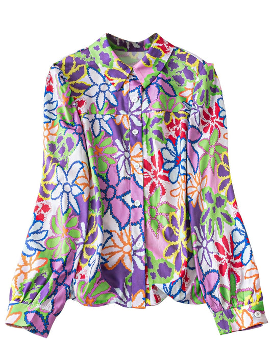 Shasmi Girls & Womens Solid Purple Colorful Casual Fit Lapel Cardigan Shirt Colorful Flower Printed Long Sleeve Shawl Collared