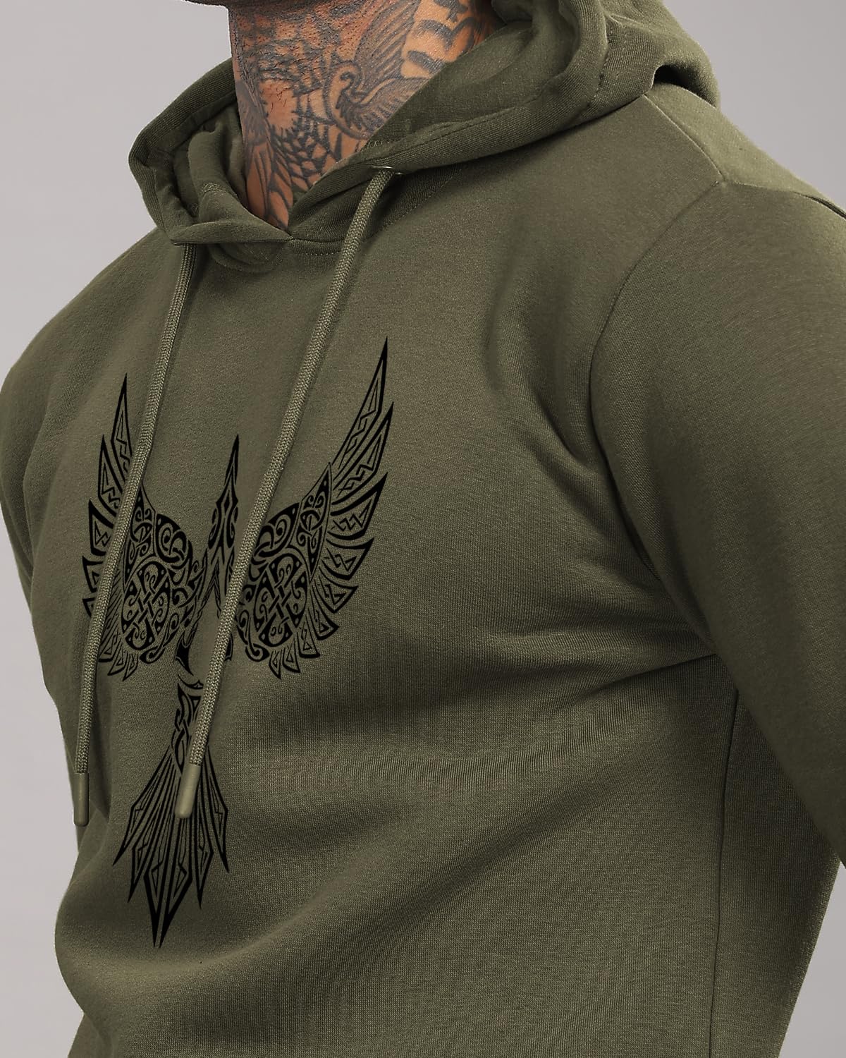 ADRO Men's Cotton Neck Hooded Sweatshirt (H24-BIRD-OL_Olive