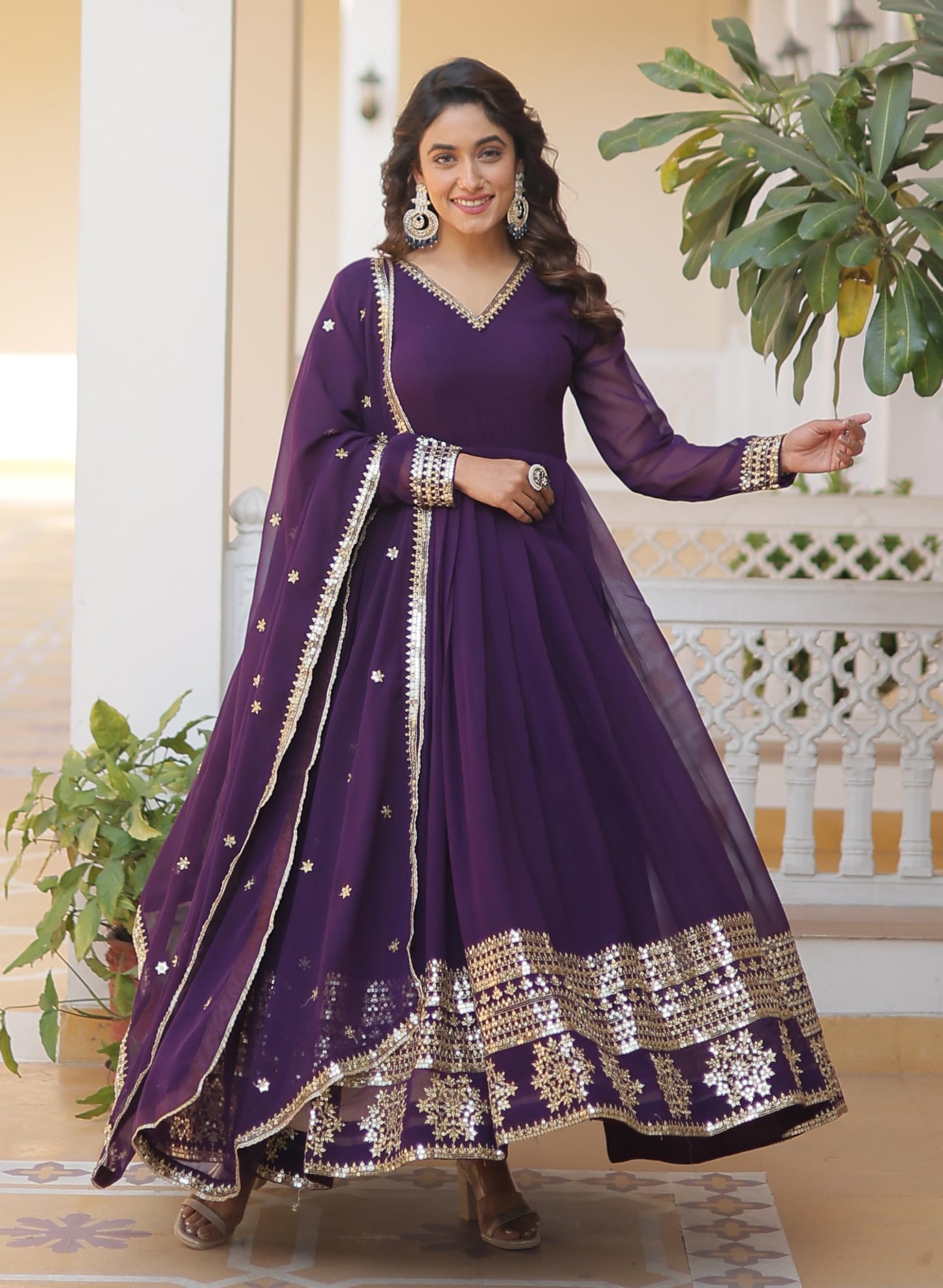 Fashion Basket Havy Georgette Embroidered Anarkali Dress For Women Purple