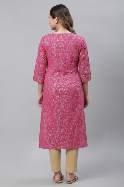 Aurelia Pink Foil Pattern Cotton Straight Long Kurta