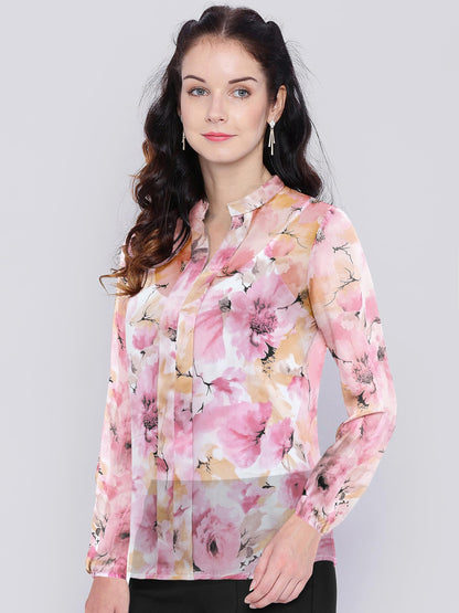 Toochki WomenS Pink Georgette Floral Straight Western Top