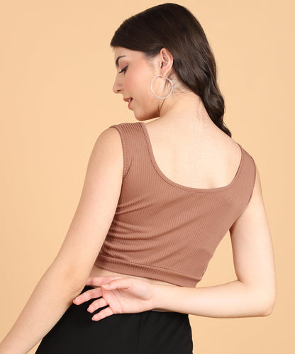 POPWINGS Women Casual Rust Self Design Rib Deep V Neck Sleeveless Cutout Crop Top