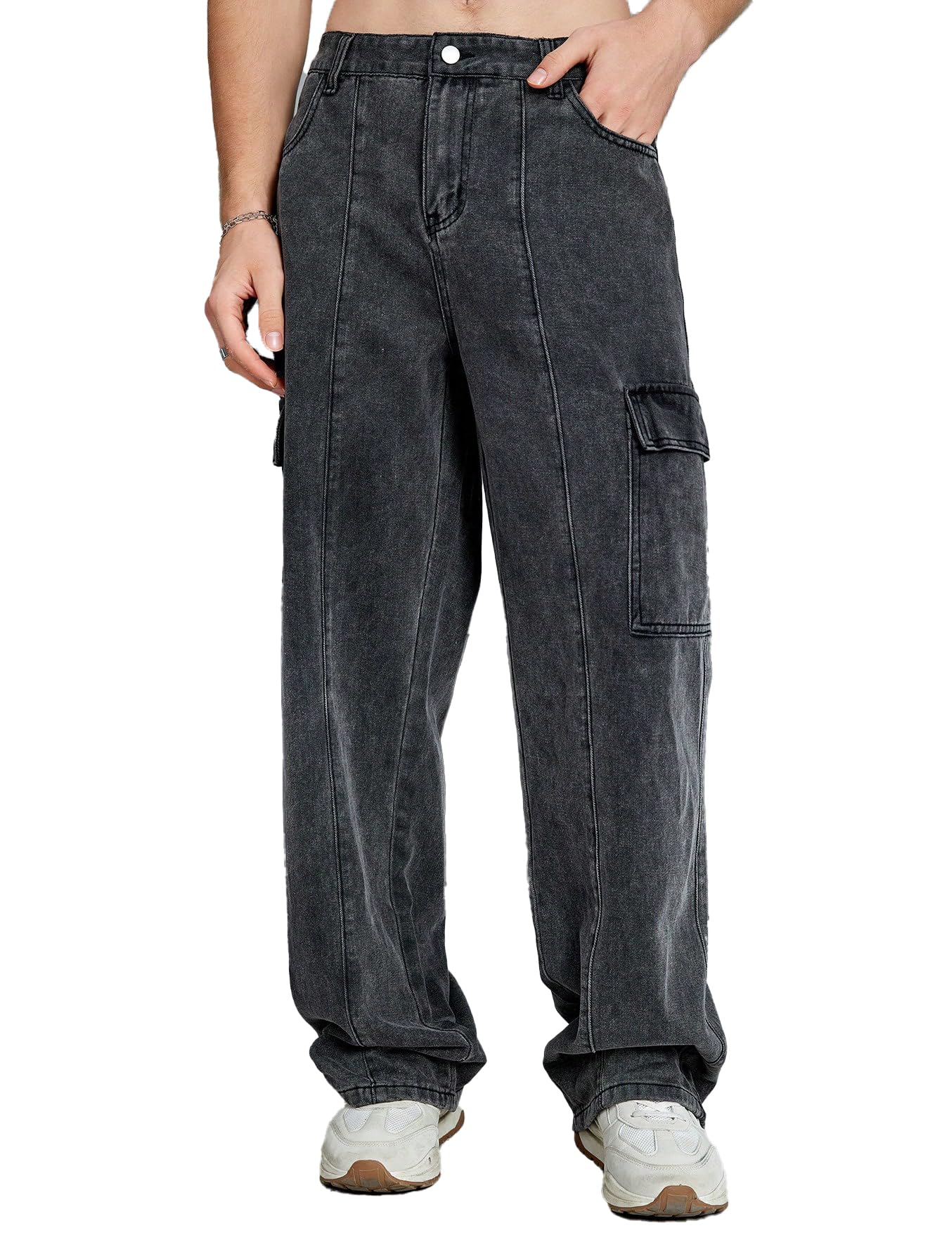 KOTTY Mens Mid Rise Solid Cargo Jeans Rich Black