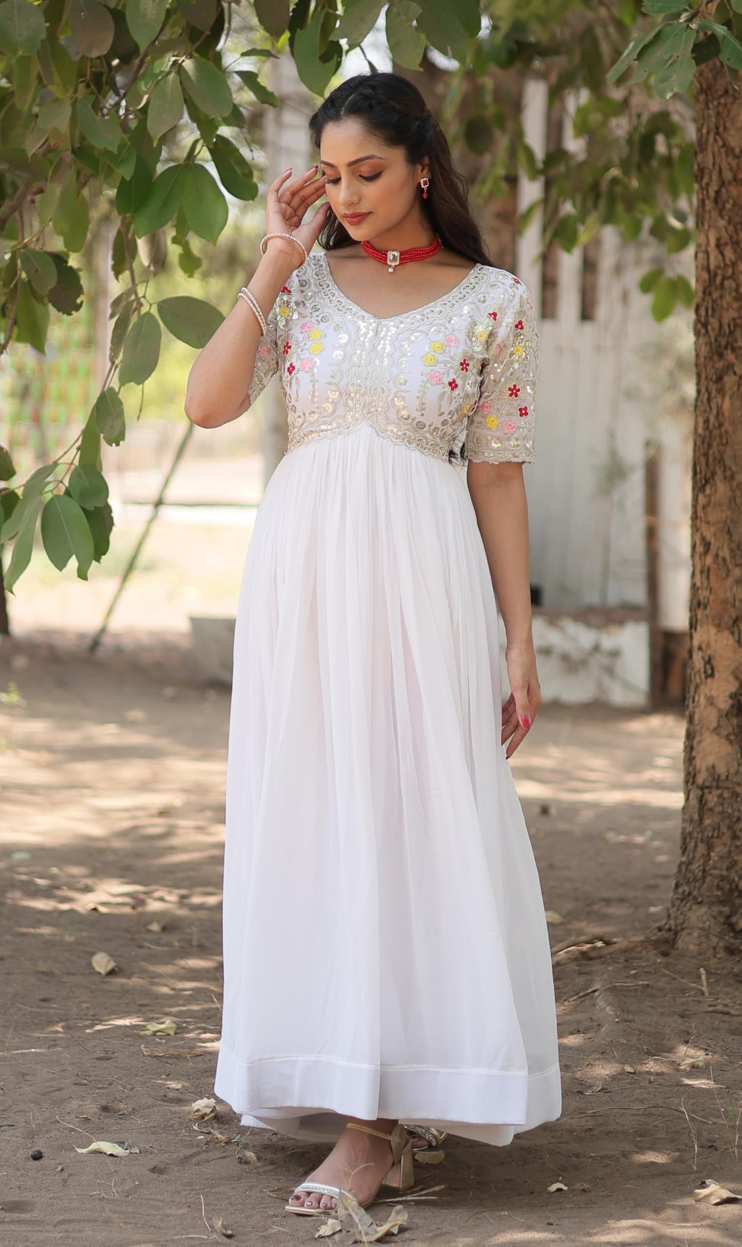 Fashion Basket WomenS Georgette Embroidered Anarkali Gown White