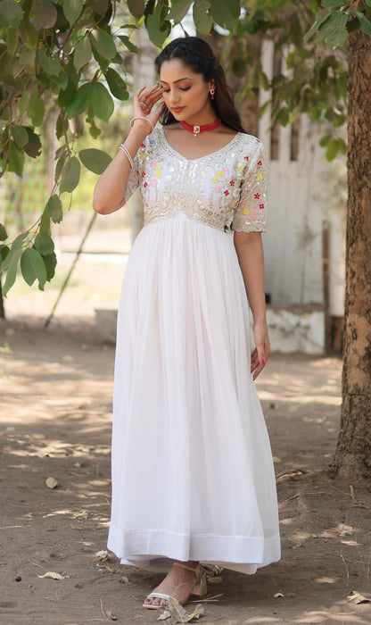 Fashion Basket WomenS Georgette Embroidered Anarkali Gown White