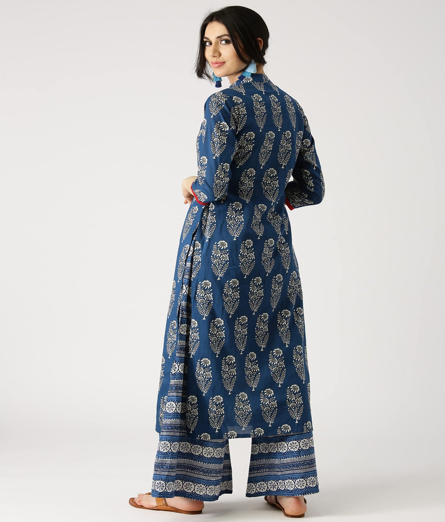 ANNI DESIGNER Women's Cotton Blend Straight Printed Kurta with Palazzo (Firki Blue_S_Blue_Small)